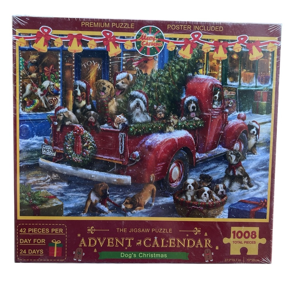 NWT Dog's Christmas Advent Calendar Puzzle 1008 pieces Pick up truck and dogs